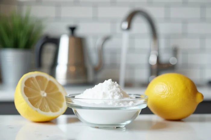 Bol de poudre d'acide citrique avec un citron coupé et une bouilloire détartrée sur un plan de travail de cuisine
