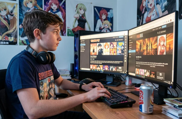 Adolescent utilisant un site de lecture de mangas gratuits sur PC avec avertissement de confidentialité des données affiché