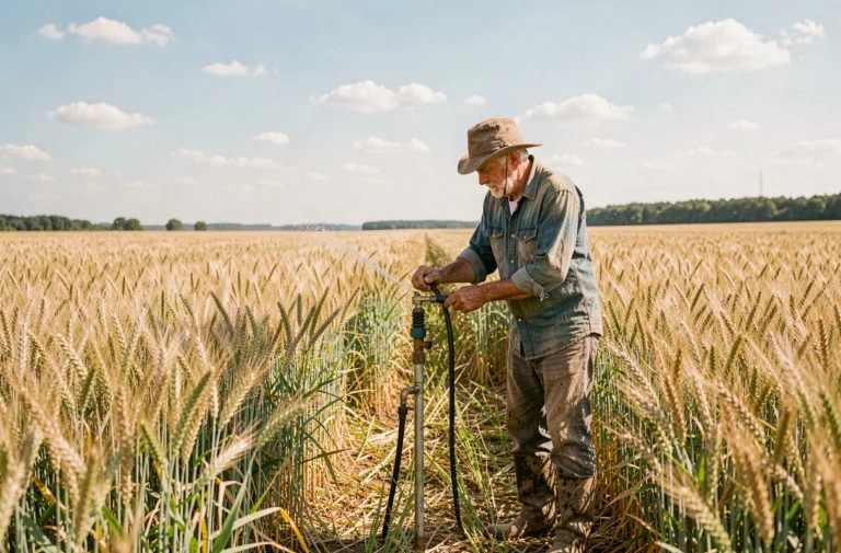 Agriculteur âgé réglant un arroseur dans un champ de blé ensoleillé en plein milieu de journée