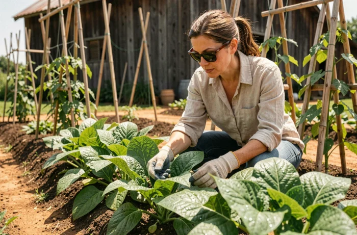 Agricultrice inspectant des gouttes d'eau sur des feuilles de légumes arrosées en plein soleil