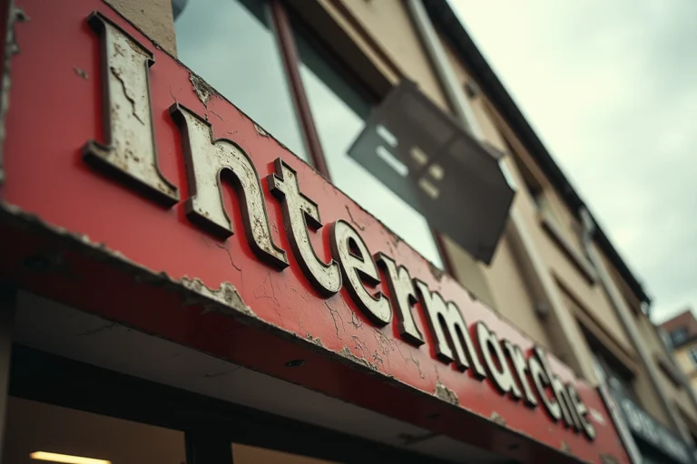 Ancienne enseigne Intermarché avec logo tigre rouge et blanc des années 1970 sur façade en béton