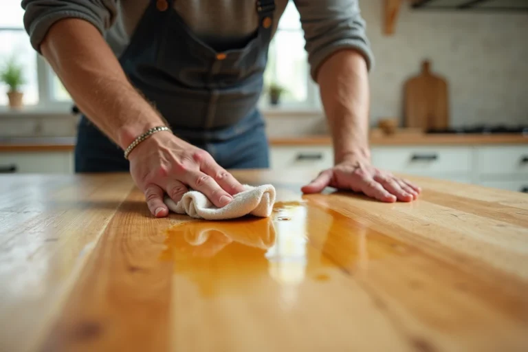 Application d'huile de lin sur un plan de travail en chêne massif dans une cuisine moderne, main appliquant l'huile avec un chiffon coton
