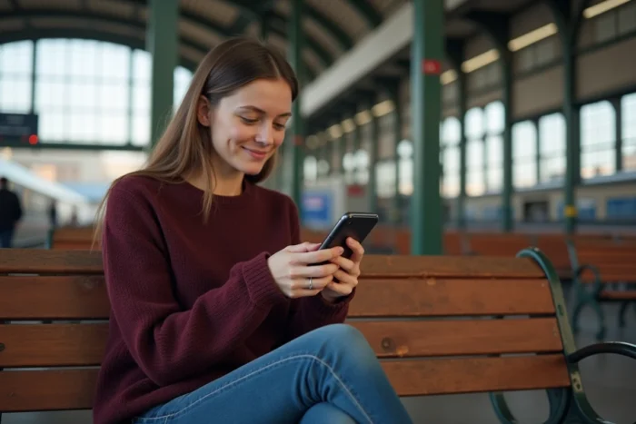 Jeune femme consultant l'application SNCF Connect pour modifier le nom sur son billet de train