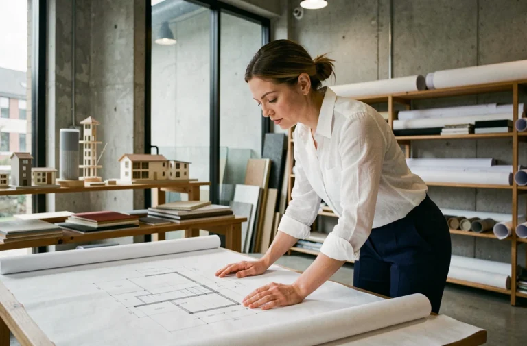 Architecte femme analysant des plans dans un studio contemporain avec maquettes et matériaux de construction en 2024