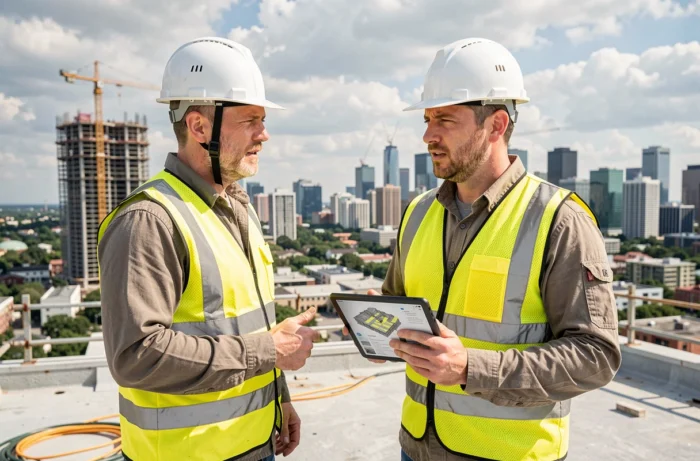 Deux architectes sur un chantier urbain en hauteur discutant de projets BIM sur tablette avec vue sur la skyline en 2024