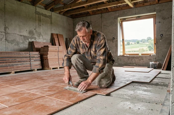 Artisan posant des carreaux en terre cuite dans une maison en construction avec charpente bois apparente