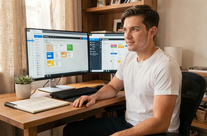 Développeur web analysant la structure de navigation d'un site sur double écran dans un bureau à domicile chaleureux