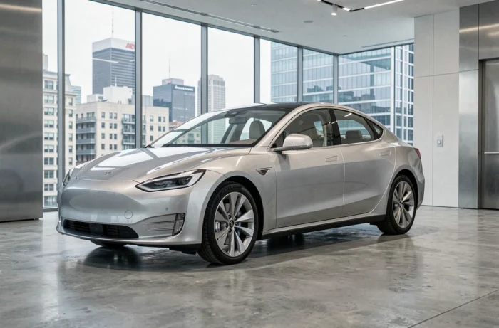 Berline électrique moderne exposée dans un showroom automobile urbain au design minimaliste