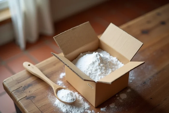Boîte ouverte de bicarbonate de soude alimentaire avec une cuillère en bois sur une table en bois rustique