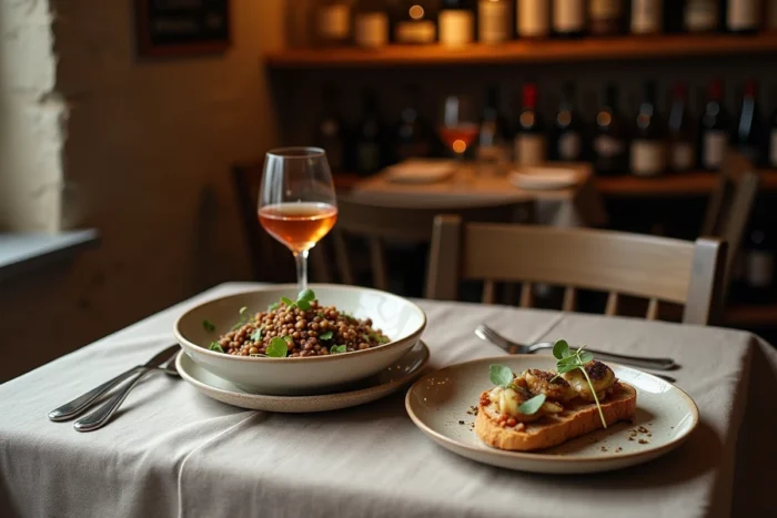 Table de bistrot parisien avec menu dégustation tendance incluant lentilles au miso, tartine au comté et vin nature