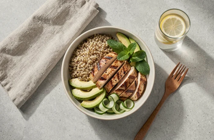 Bol repas sain et équilibré avec quinoa, poulet grillé et avocat sur une table en béton pour un déjeuner minceur