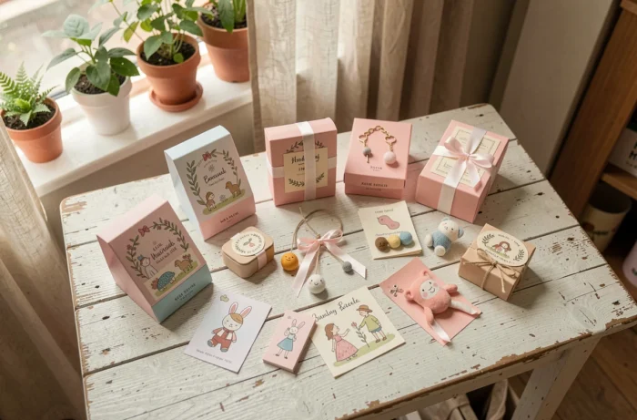 Table de présentation de produits artisanaux aux emballages pastel dans une boutique créative inspirée de La Petite Emma
