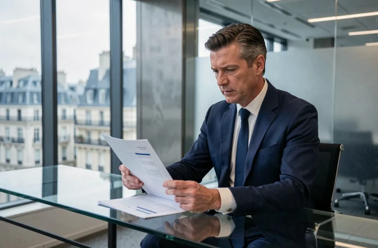 Cadre bancaire dans les locaux modernes de Boursobank à Paris, examinant des documents financiers sur un bureau en verre