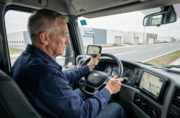 Chauffeur de poids lourd consultant un GPS Snooper monté dans la cabine d'un camion sur l'autoroute
