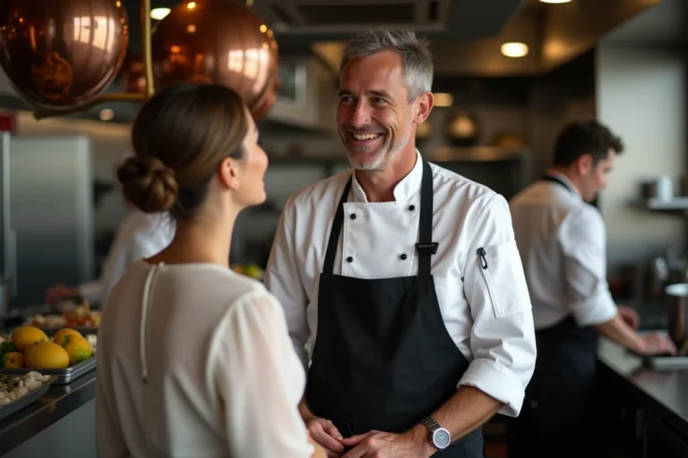 Chef cuisinier souriant recevant les compliments d'une cliente dans une cuisine de restaurant gastronomique
