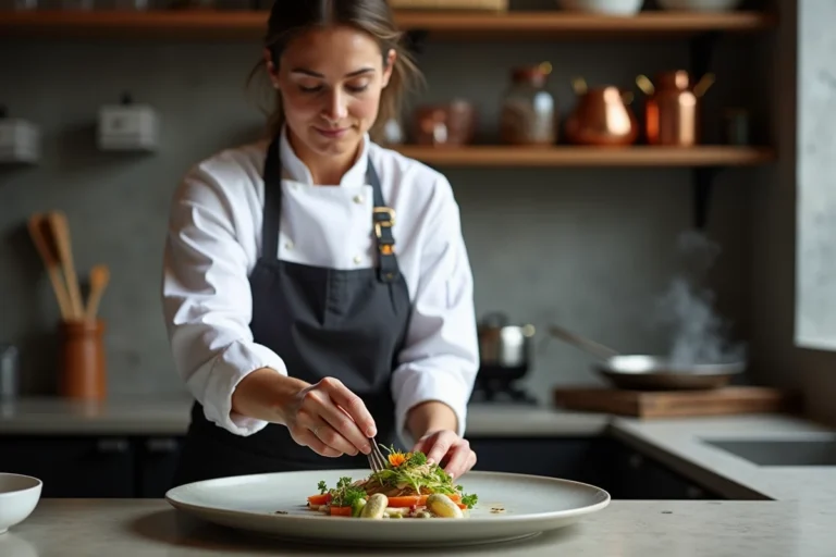 Cheffe cuisinière française dressant une assiette gastronomique avec légumes fermentés et fleurs comestibles dans une cuisine moderne