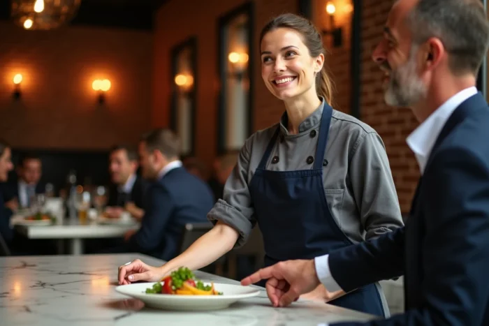 Cheffe cuisinière recevant les félicitations d'un client satisfait devant un plat gastronomique