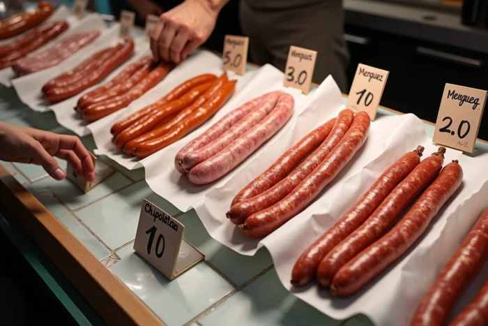 Étal de boucherie charcuterie avec diverses saucisses fraîches sur papier sulfurisé et liste de courses pour 10 personnes
