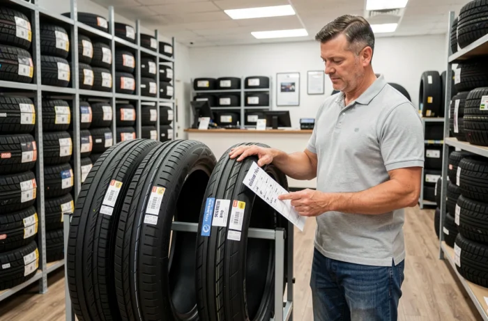 Client comparant deux tailles de pneus différentes dans un magasin spécialisé