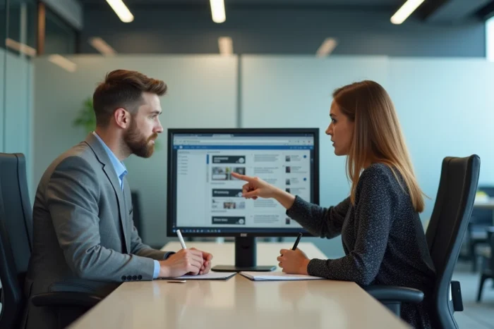 Deux collègues analysant ensemble une plateforme de petites annonces en ligne dans un bureau professionnel