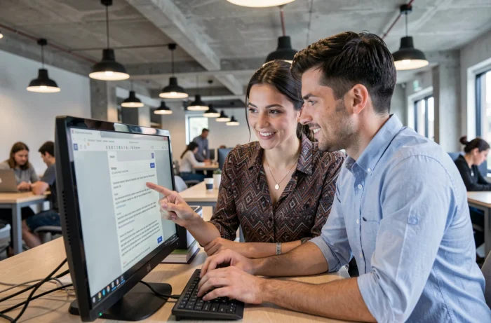 Deux collègues collaborant sur la rédaction d'un email de changement d'adresse dans un espace de coworking moderne