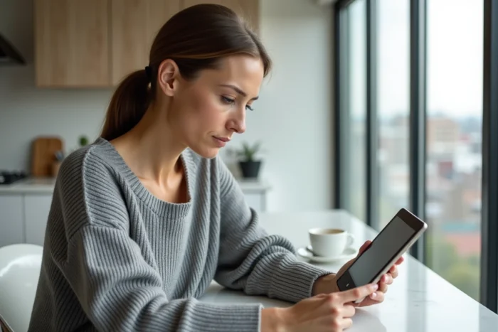 Femme comparant des plateformes de travaux sur tablette dans une cuisine moderne, analysant les critères d'inscription et les avis utilisateurs