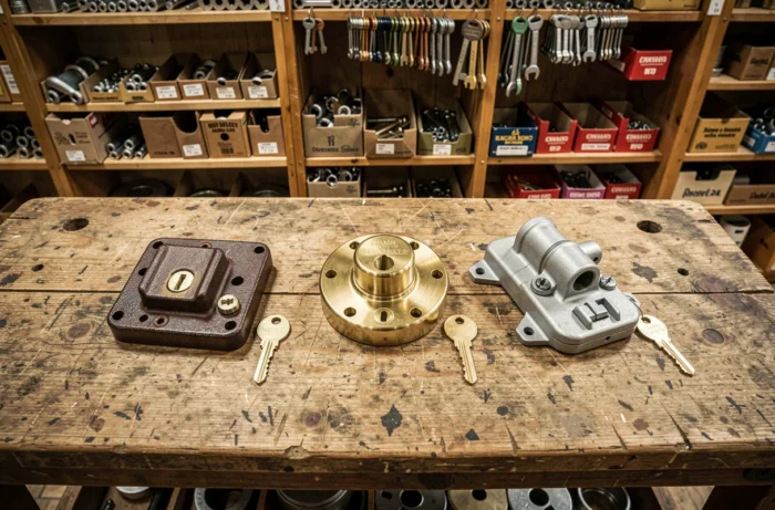 Comparaison de trois types de verrous à clé posés sur un établi en bois dans une quincaillerie traditionnelle française
