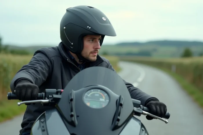 Jeune conducteur sur un XMAX 125 regardant le compteur de vitesse sur une route de campagne, illustration du débridage légal