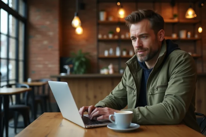 Homme se connectant à un VPN dans un café pour sécuriser son accès à des services de cartographie en ligne