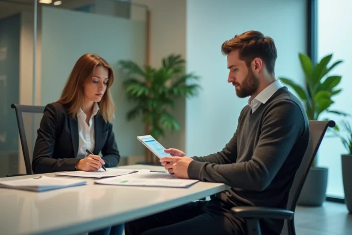 Jeune professionnel en entretien de conseil de carrière avec un conseiller dans un centre d'emploi moderne