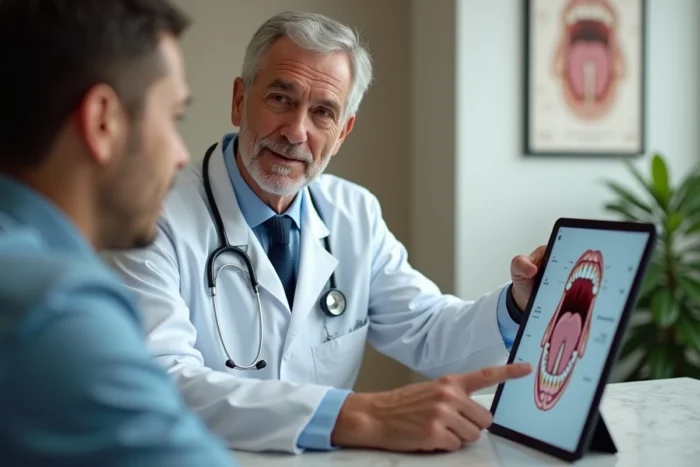 Médecin oncologue expliquant un diagnostic de cancer de la langue à un patient lors d'une consultation médicale