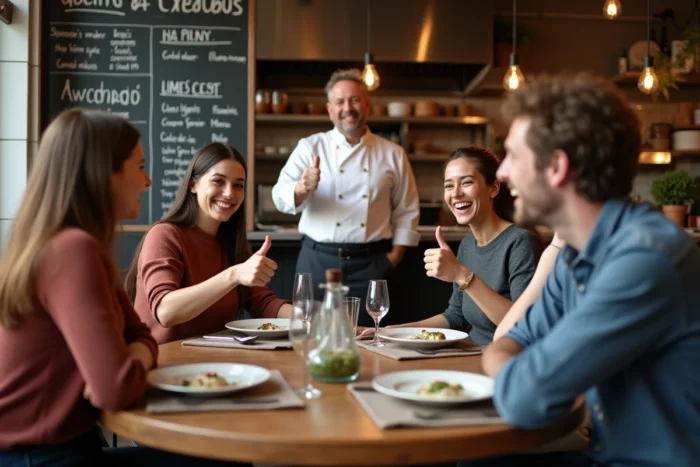 Groupe de convives souriants complimentant le chef cuisinier à la fin d'un repas dans un bistrot contemporain