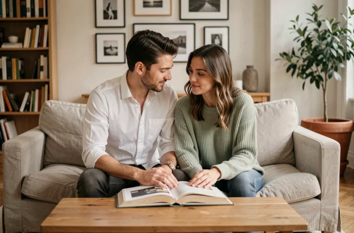 Couple dans un appartement parisien moderne, partageant un moment de complicité sur un canapé en lin