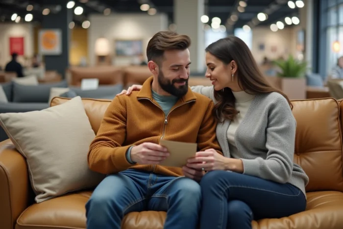 Couple assis sur un canapé en cuir beige dans un magasin Poltronesofa avec des étiquettes de soldes visibles