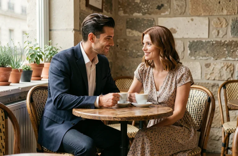 Couple Olivier Bossard et Alicia Dauby partageant un moment complice dans un café parisien rustique