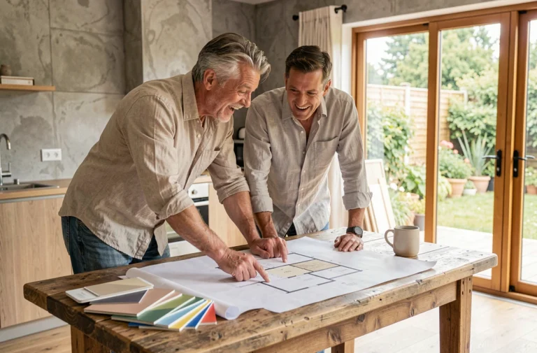 Couple étudiant les plans architecturaux de leur future maison de rêve autour d'une table en bois avec échantillons de matériaux
