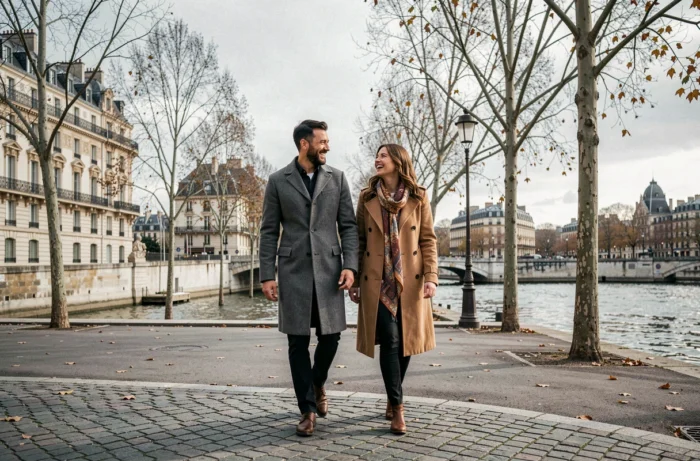 Couple se promenant au bord de la Seine en automne, vêtus élégamment, dans une atmosphère parisienne authentique
