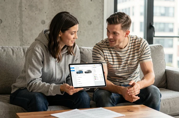 Couple consultant une plateforme de recherche de voitures d'occasion sur tablette dans leur salon moderne