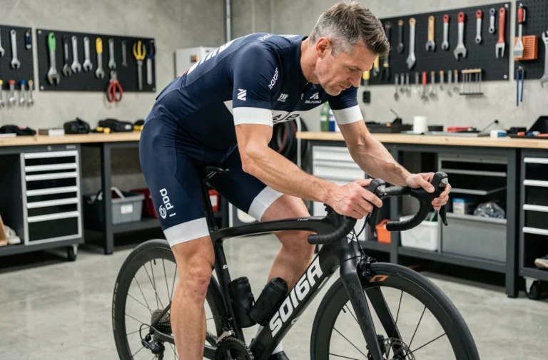 Cycliste professionnel ajustant son vélo de route haut de gamme Van Rysel RCR Pro 2026 dans un garage d'équipe, cadre carbone et équipements techniques visibles