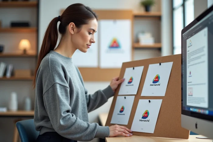 Designer étudiant l'évolution du logo Intermarché sur un tableau de recherche graphique en studio
