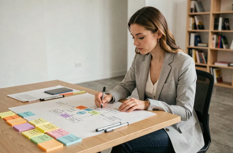Designer UX féminine esquissant une arborescence de site web sur papier avec des post-it colorés dans un bureau minimaliste