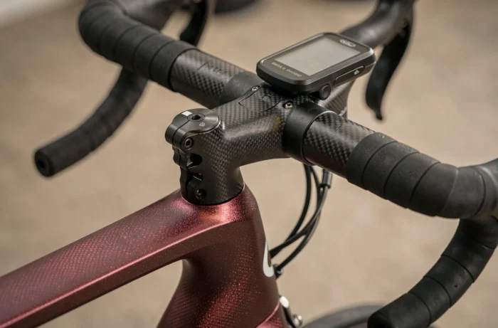 Détail du cockpit intégré et du cadre carbone du Van Rysel RCR Pro 2026, guidon aérodynamique et câblage interne mis en valeur