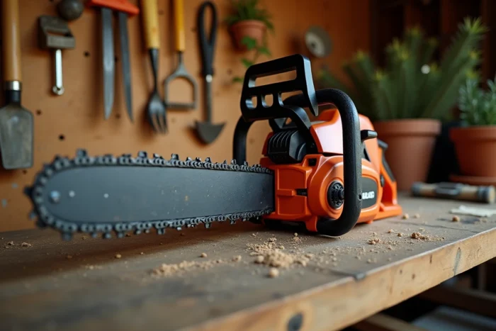 Gros plan sur la tronçonneuse Ryobi OCS1830 posée sur un établi en bois dans un atelier de jardin