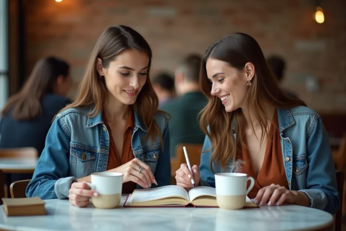 Deux femmes discutant autour d'un carnet de synonymes dans un café, illustrant l'enrichissement du style d'écriture
