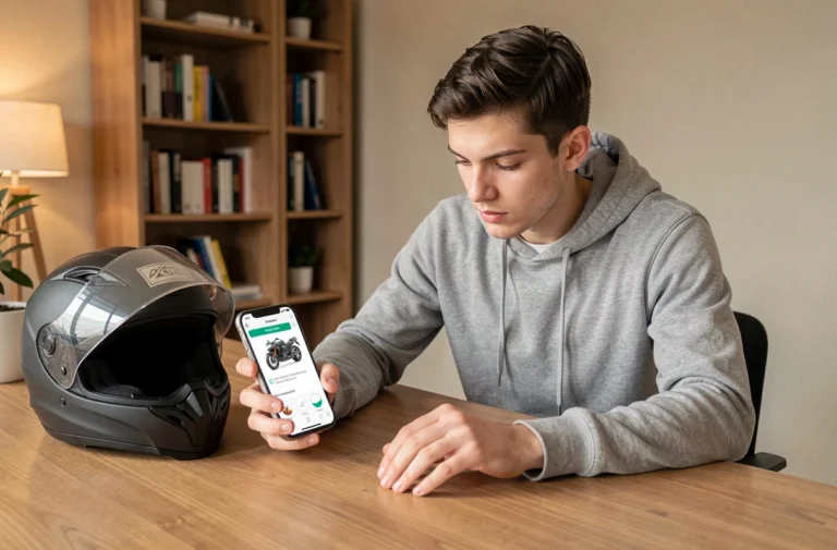 Jeune homme s'entraînant au code moto sur une application smartphone à son bureau