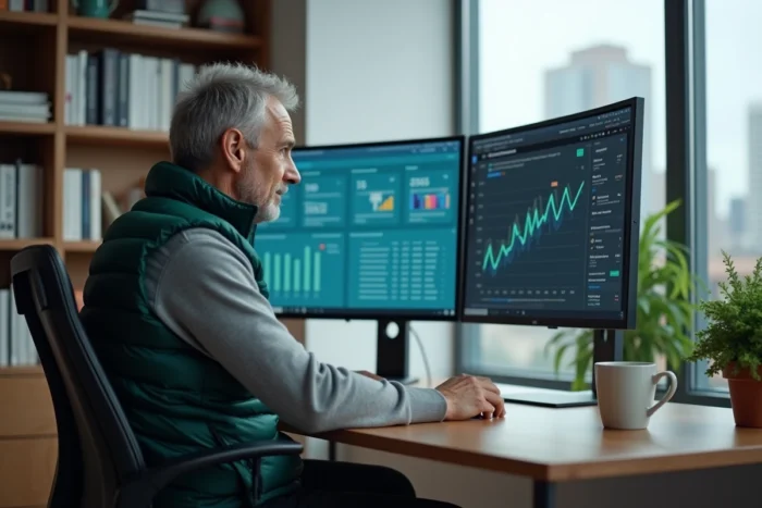 Entrepreneur travaillant sur plusieurs écrans dans un bureau à domicile moderne et minimaliste