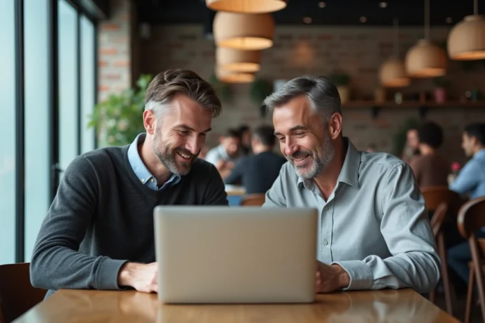 Deux entrepreneurs discutant d'un plan d'affaires innovant dans un café urbain moderne