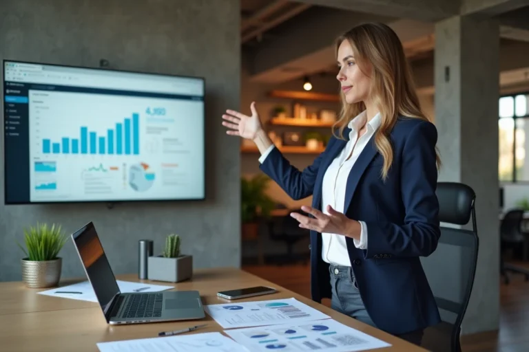 Entrepreneuse présentant un tableau de bord de croissance dans un espace de co-working moderne