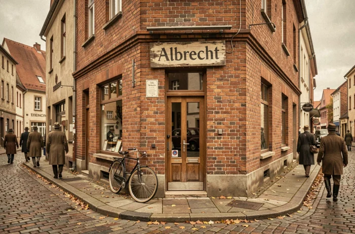 Façade d'une épicerie allemande vintage des années 1940 évoquant les origines historiques de l'enseigne Aldi fondée par les frères Albrecht