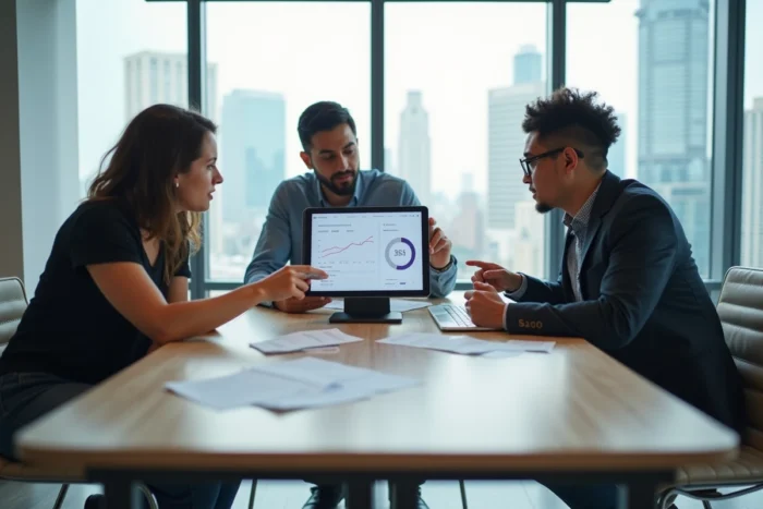 Équipe de professionnels analysant des solutions de paiement en ligne optimisées sur une tablette dans un espace de coworking